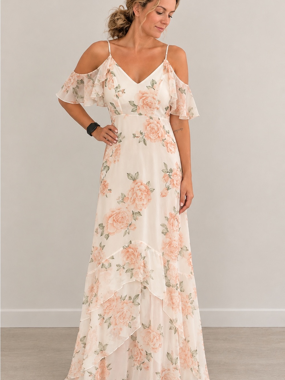 Lulu's Blush Floral Cold-Shoulder Maxi Dress